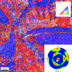 Mapa rozkładu orientacji krystalograficznych i tekstura aluminium po procesie ciągnienia (oś próbki z przekroju poprzecznego)